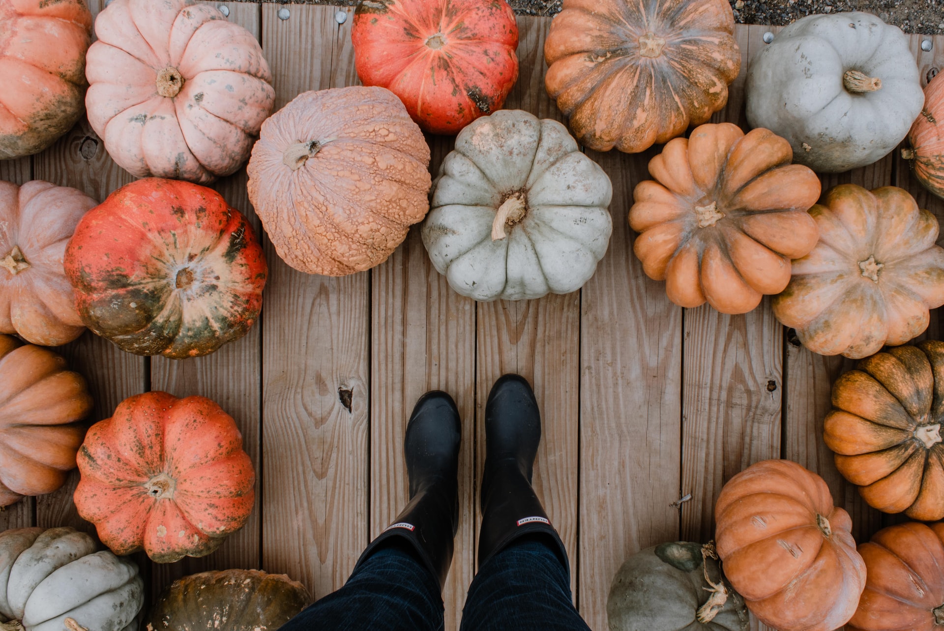 a person wearing black rainboots surrounded by a collection of pumkins of various sizes and color