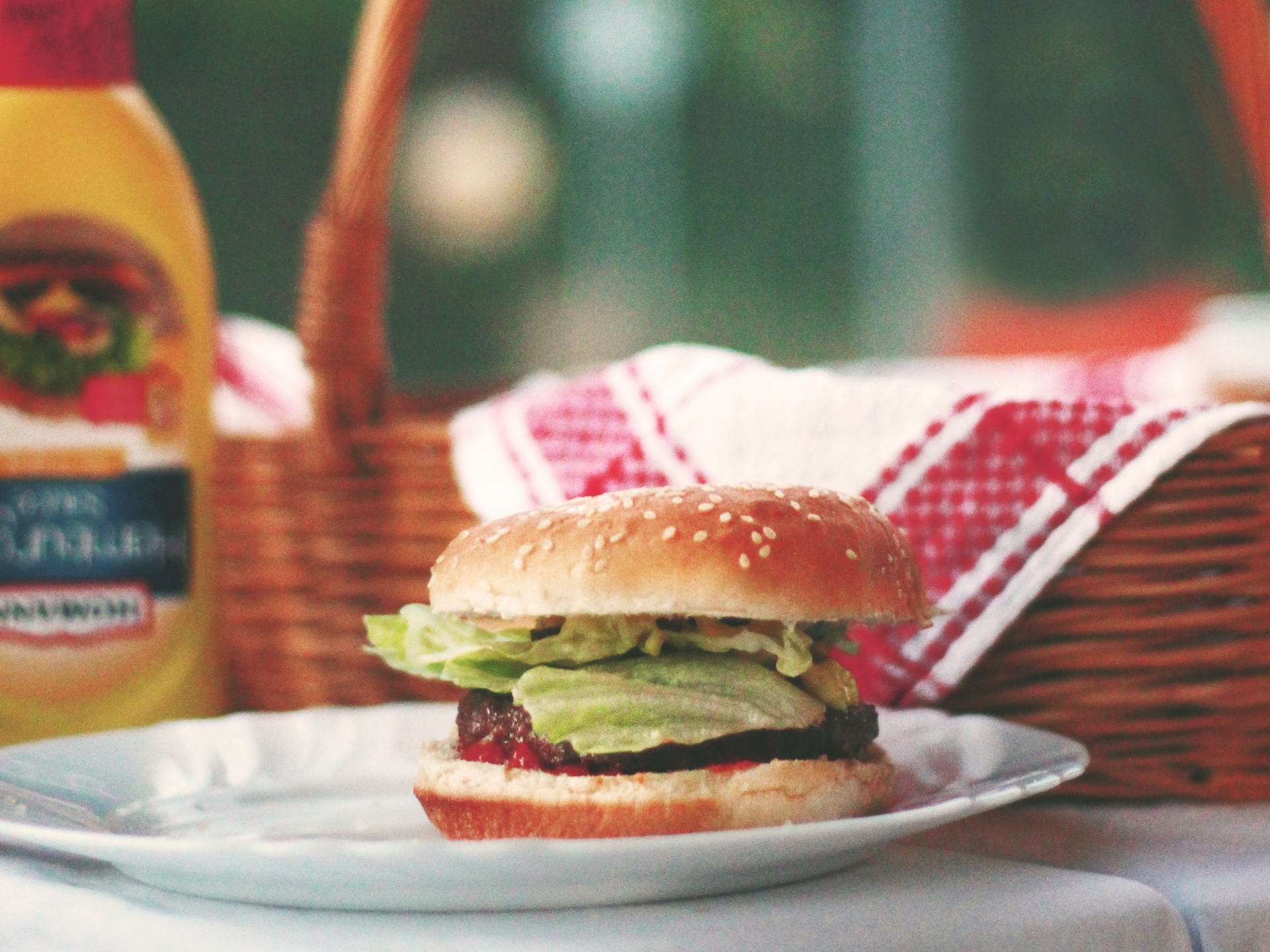 hamburger on a picnic table