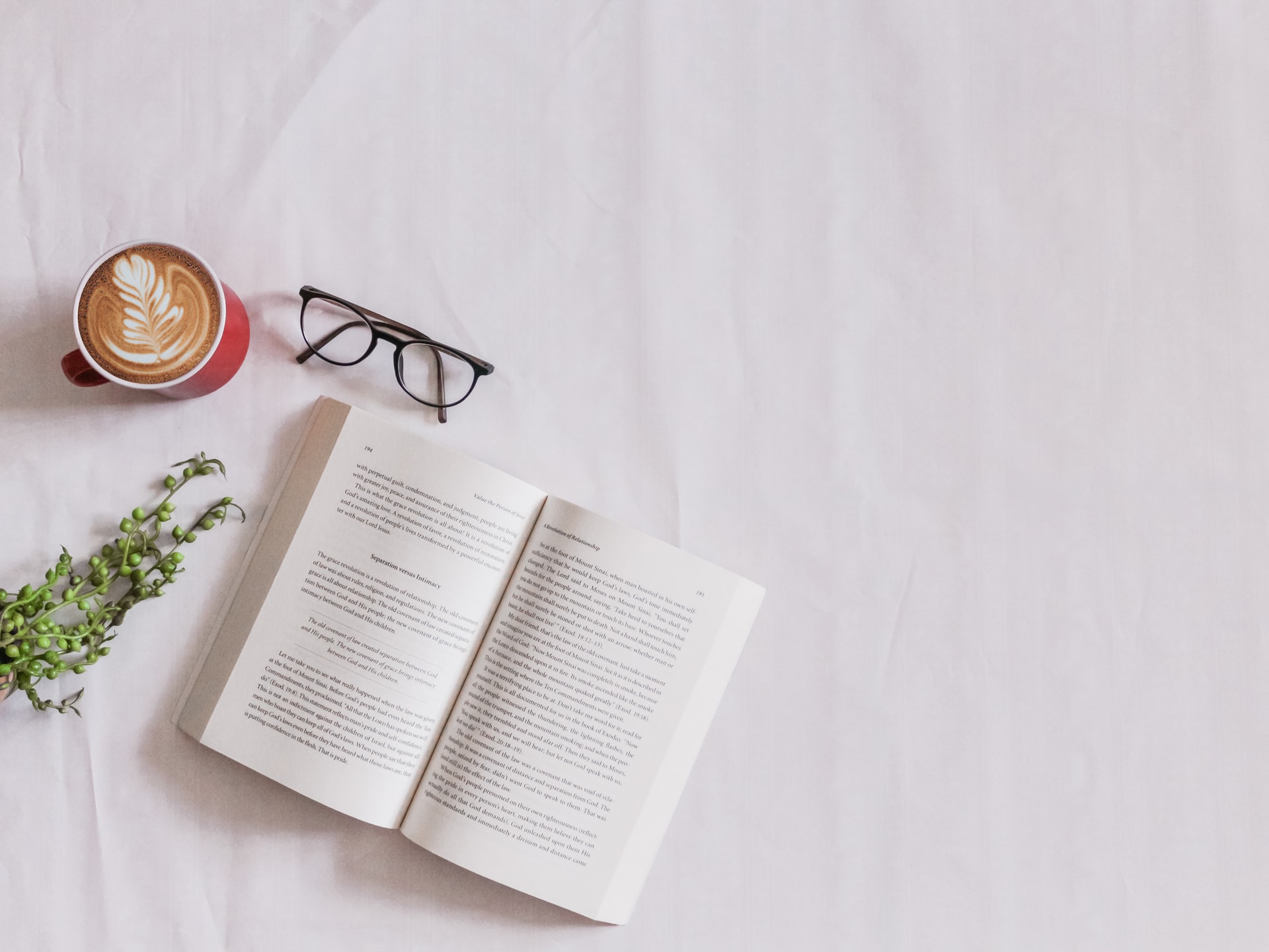 open book placed next to eye glasses and a mug of coffee and trailing plant vines against a white background