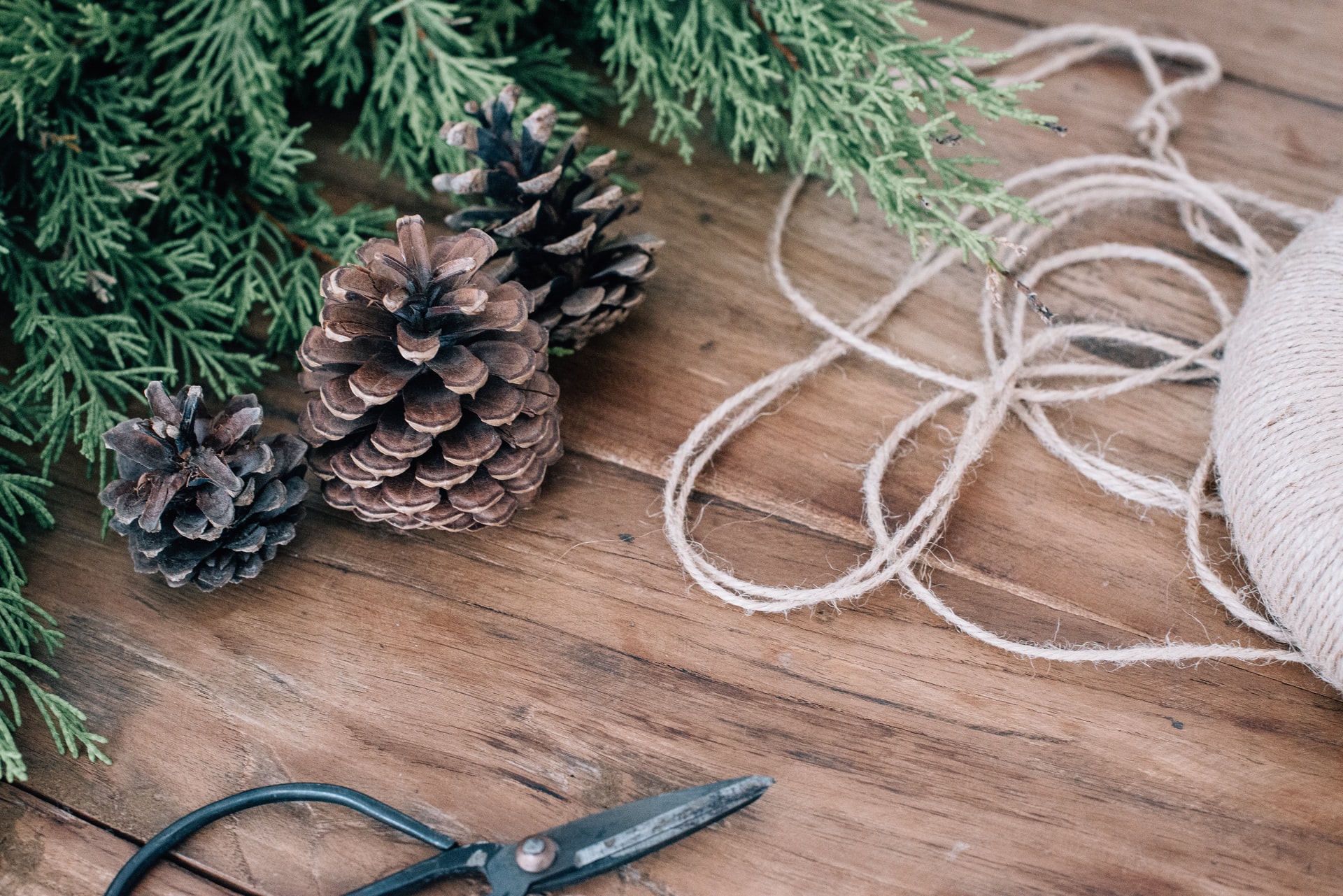 pine cones and evergreen branches next to a ball of twine and scissors on a wooden table