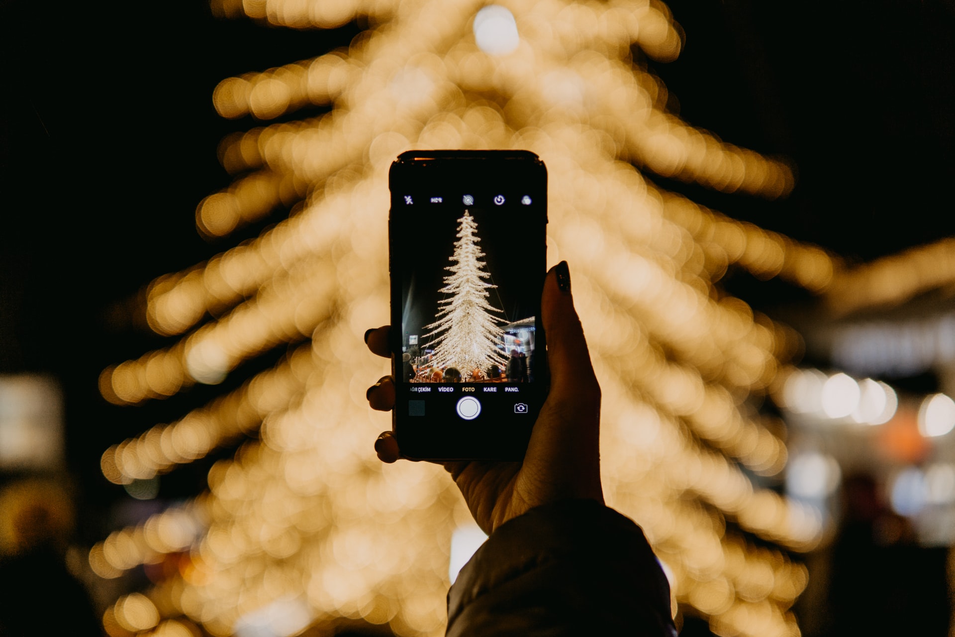 person taking a picture of a lit christmas tree using their cell phone